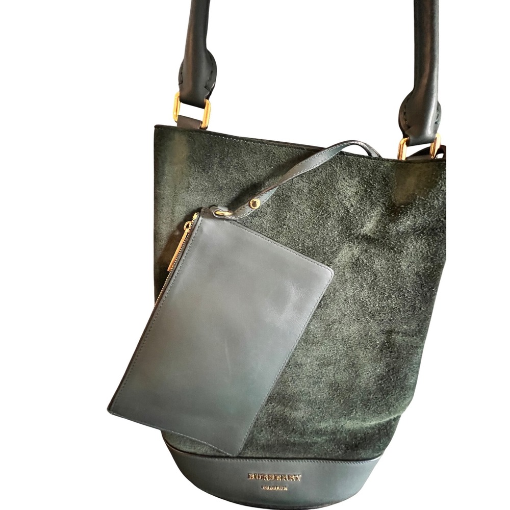 Burberry Prorsum Green Suede Leather Trim‎ Bucket Bag Purse with Pouch - Picture 3 of 7